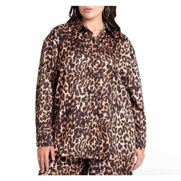 Eloquii Shirt Size 26 NWT Leopard Satin Animal Print Button Down Plus Curvy - Picture 1 of 16
